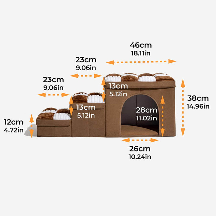 Håndlavet, grå hundetrappe med opbevaring, der støtter led, er skridsikker og ideel til ældre hunde og boligindretning.