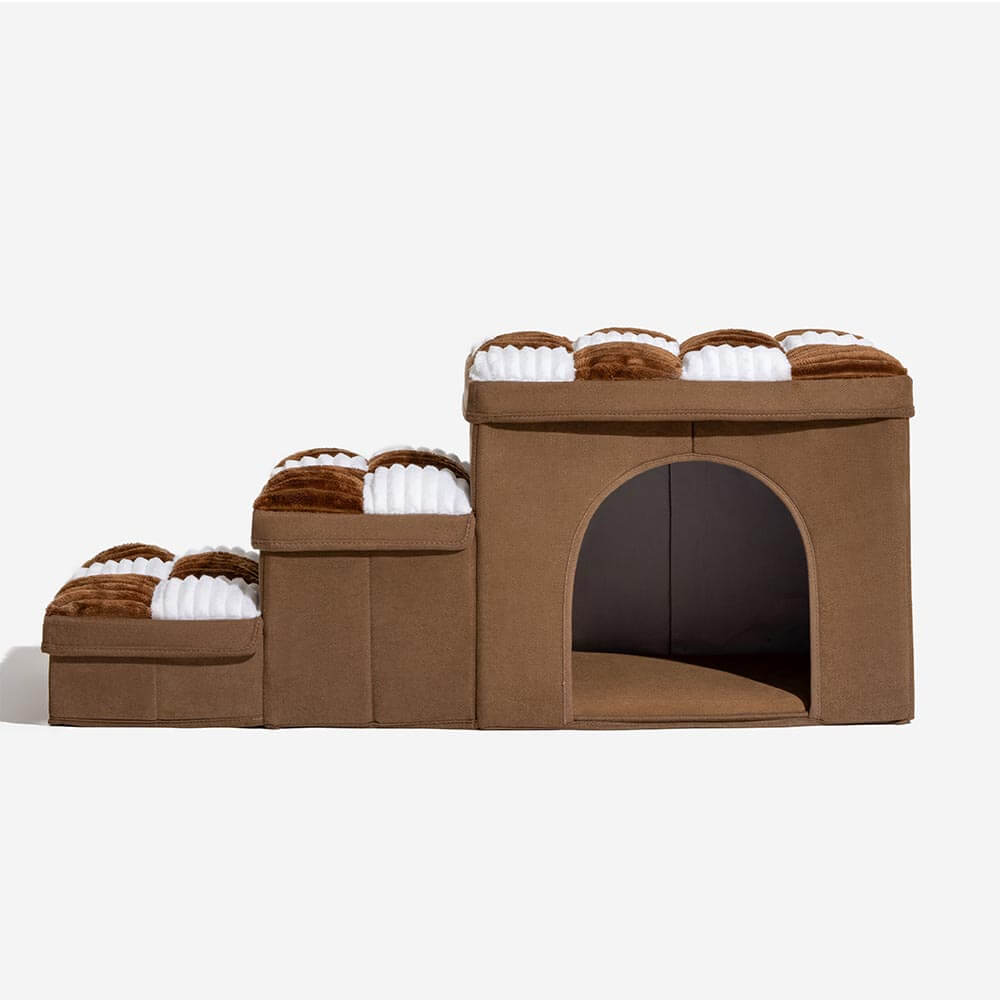 Håndlavet, grå hundetrappe med opbevaring, der støtter led, er skridsikker og ideel til ældre hunde og boligindretning.