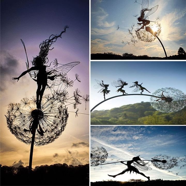 Håndlavede, vejrbestandige metalfigurer til haven, kunstfærdigt udformet, perfekte til fantasifulde dekorationer.