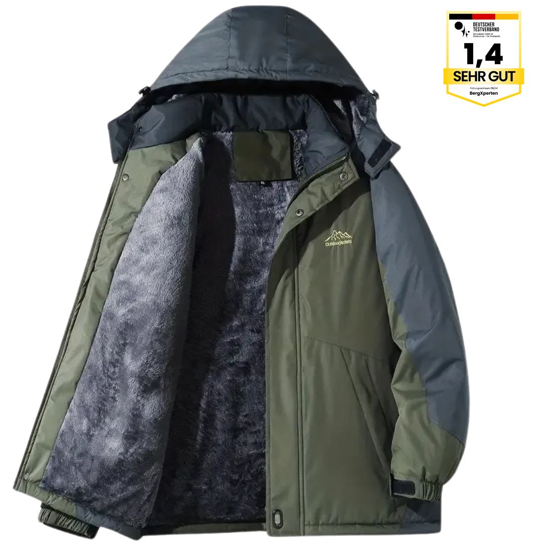 Herre outdoorjakke, vandtæt, varmtforet, med hætte, color-block design, ideel til camping og vandreture