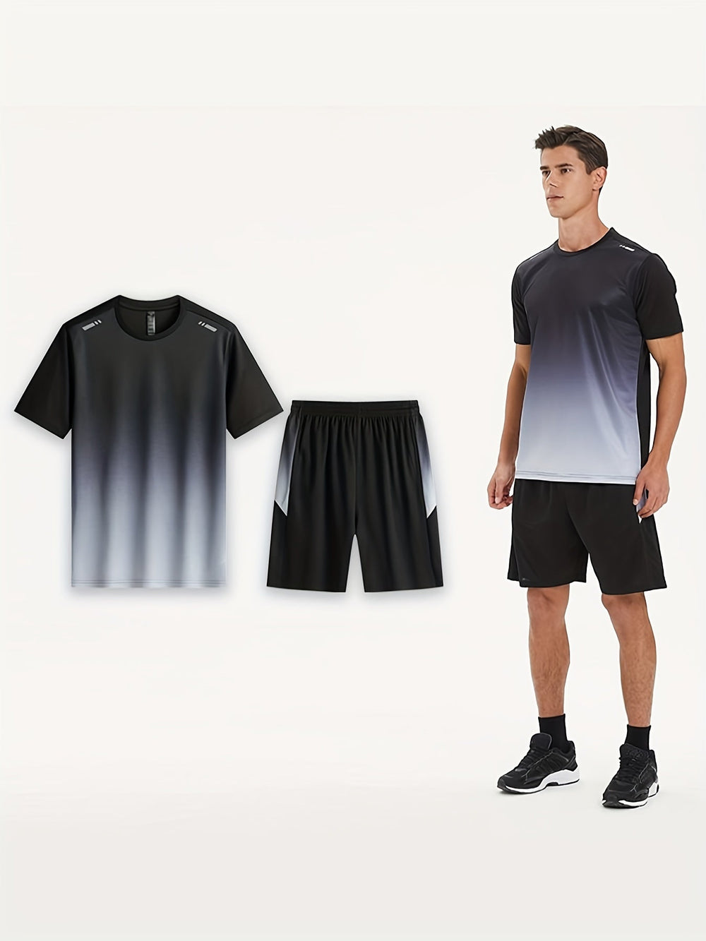 Herre sportssæt: Åndbart T-shirt & shorts, hurtigtørrende, gradient farveovergang, moderne design til sport