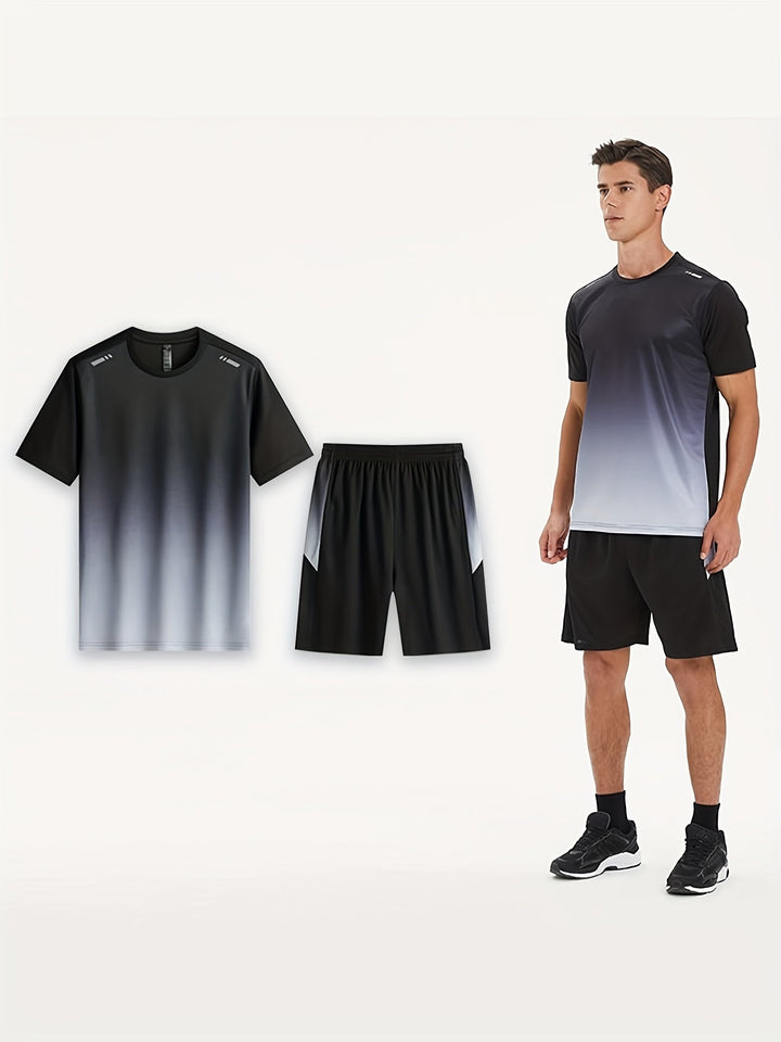 Herre sportssæt: Åndbart T-shirt & shorts, hurtigtørrende, gradient farveovergang, moderne design til sport