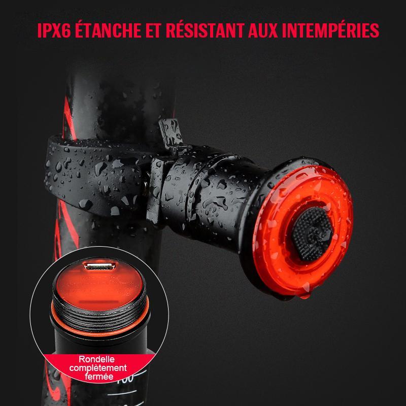 Højlyskende USB baglygte i aluminium med LED-COB og EnSca-linse, kompakt og vejrbestandig til cykler.