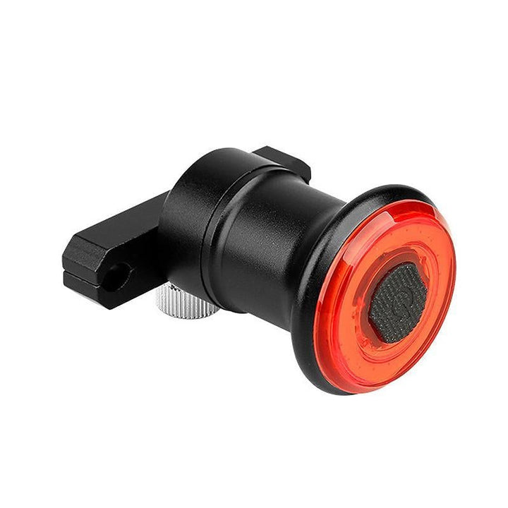 Højlyskende USB baglygte i aluminium med LED-COB og EnSca-linse, kompakt og vejrbestandig til cykler.