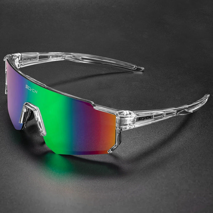 Højtydende sportsolbriller med UV400 beskyttelse set forfra, ideelle til udendørs aktiviteter.