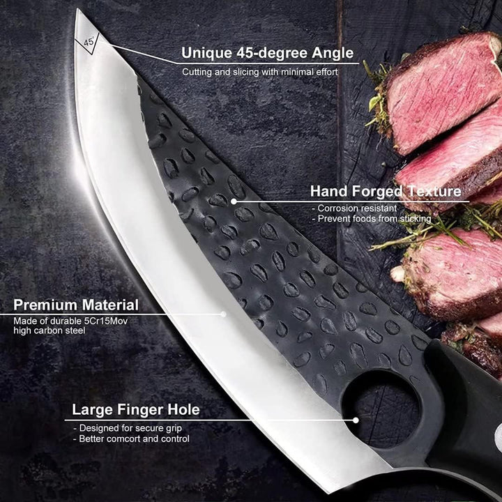 Højkvalitets køkkenkniv med skarpt, rustfrit stålblad og ergonomisk træskaft, ideel for hjemmekokke og professionelle.