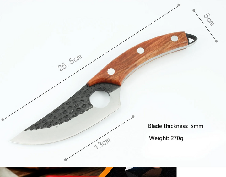 Højkvalitets køkkenkniv med skarpt, rustfrit stålblad og ergonomisk træskaft, ideel for hjemmekokke og professionelle.