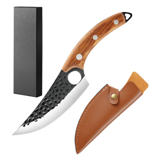 Højkvalitets køkkenkniv med skarpt, rustfrit stålblad og ergonomisk træskaft, ideel for hjemmekokke og professionelle.