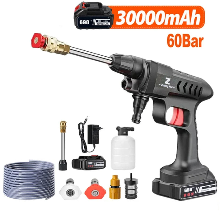 JetWash Pro 30000: Trådløs højtryksrenser 60 Bar, kompakt, sort-grøn, til bilpleje og husrengøring.