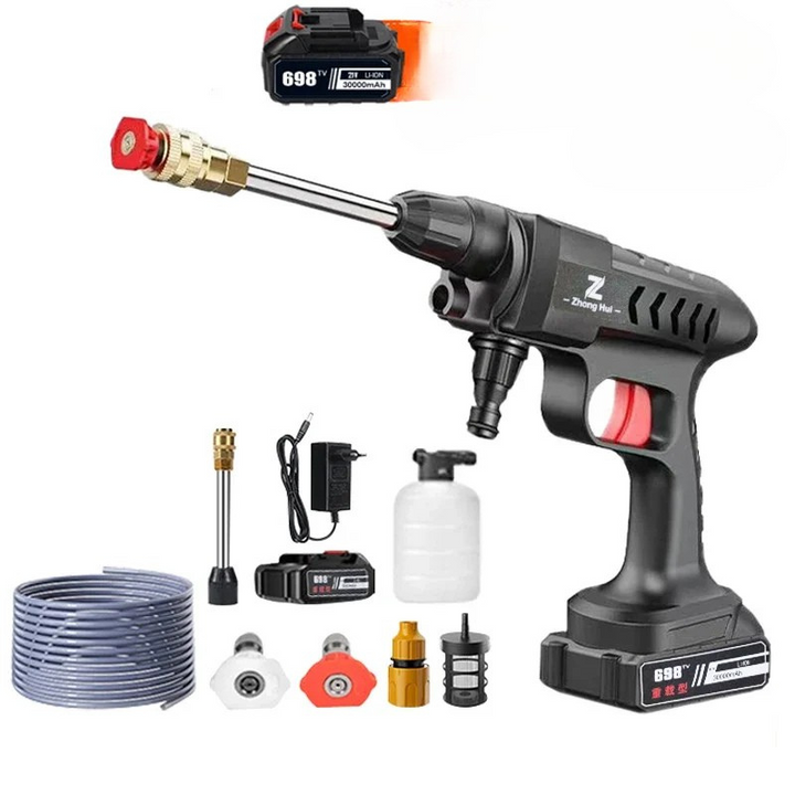 JetWash Pro 30000: Trådløs højtryksrenser 60 Bar, kompakt, sort-grøn, til bilpleje og husrengøring.