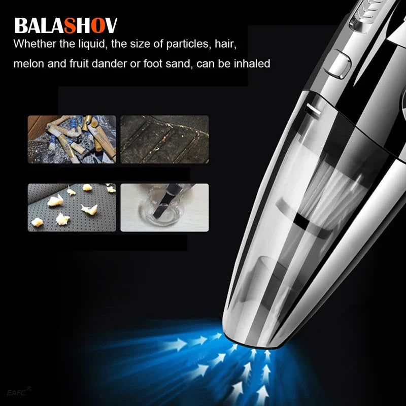 Trådløs håndstøvsuger i sort-rød, kraftig cyklonsug, kompakt, velegnet til hjem og bil.