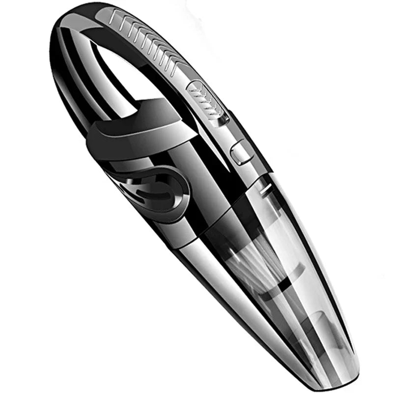 Trådløs håndstøvsuger i sort-rød, kraftig cyklonsug, kompakt, velegnet til hjem og bil.