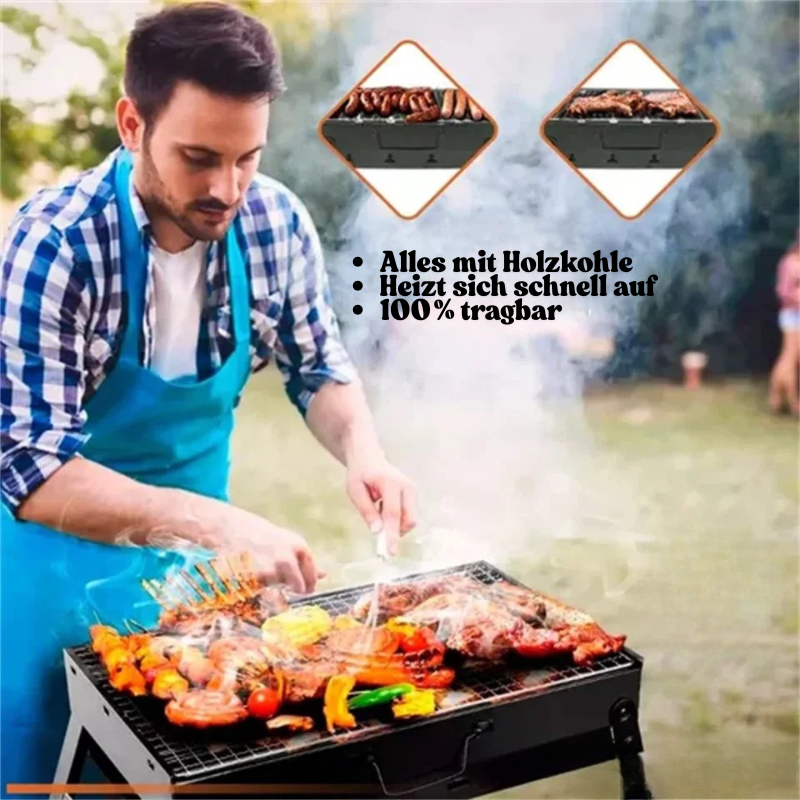 Bærbar kulgrill i rustfrit stål: foldbar, holdbar, ideel til camping, strand og have. Høj kvalitet og mobil.