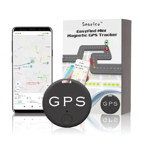 Kompakt sort GPS-tracker med magnet og realtidssporing, ideel til diskret fastgørelse på metaloverflader.