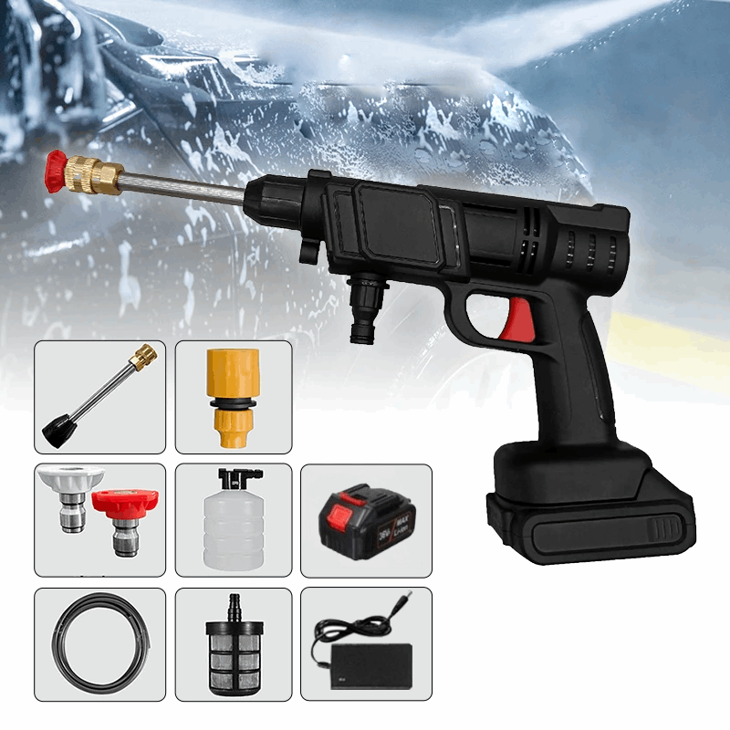 Kompakt bærbar højtryksrenser fjerner snavs, ideel til bil- og husrengøring; elektrisk enhed i brug