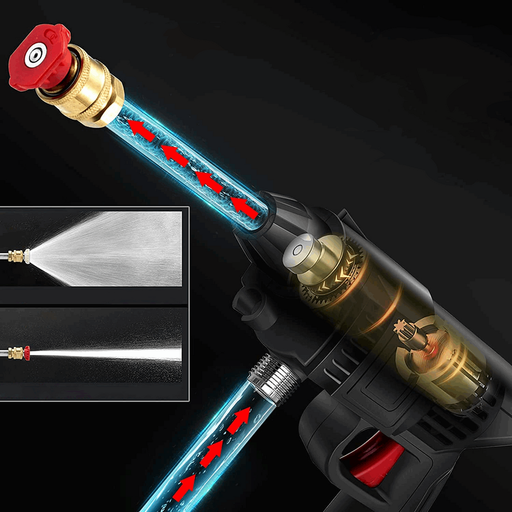 Kompakt bærbar højtryksrenser fjerner snavs, ideel til bil- og husrengøring; elektrisk enhed i brug