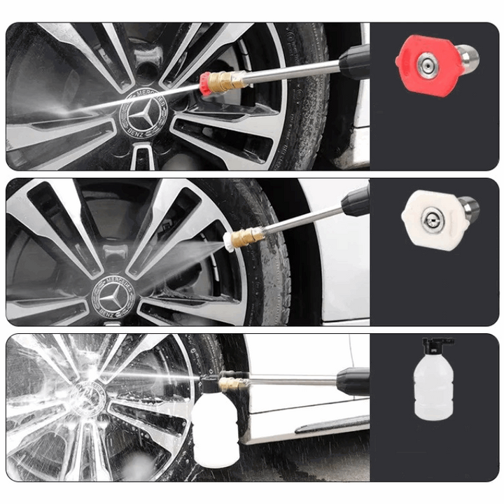 Kompakt bærbar højtryksrenser fjerner snavs, ideel til bil- og husrengøring; elektrisk enhed i brug