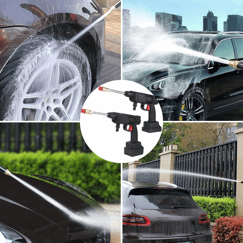 Kompakt bærbar højtryksrenser fjerner snavs, ideel til bil- og husrengøring; elektrisk enhed i brug