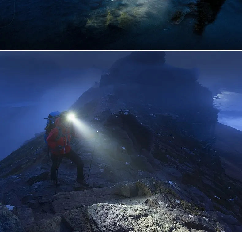 Kraftfuld vandtæt LED pandelampe med zoom og USB-genopladeligt batteri, superlys, ideel til udendørs eventyr.