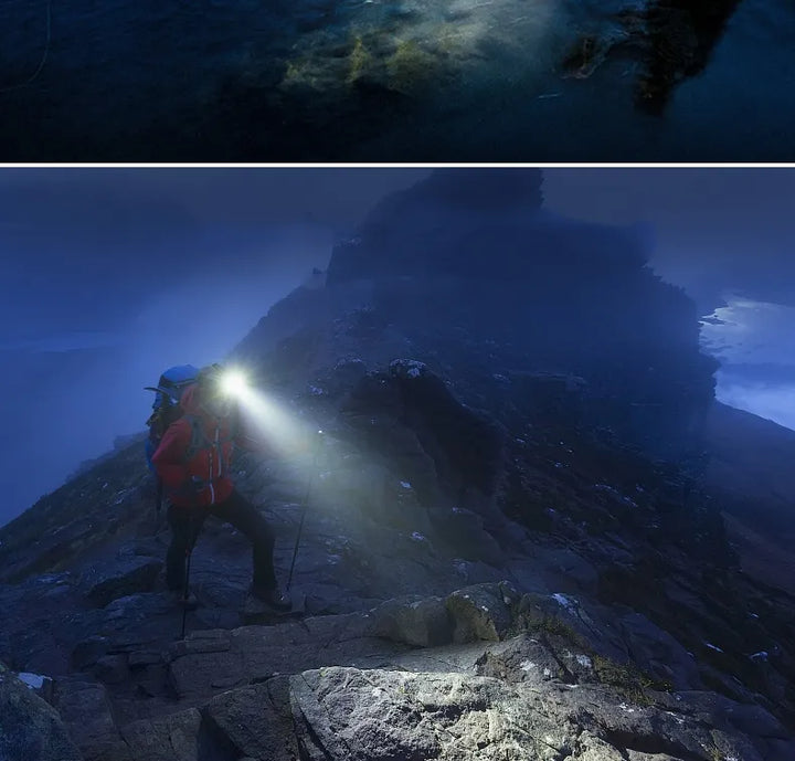 Kraftfuld vandtæt LED pandelampe med zoom og USB-genopladeligt batteri, superlys, ideel til udendørs eventyr.