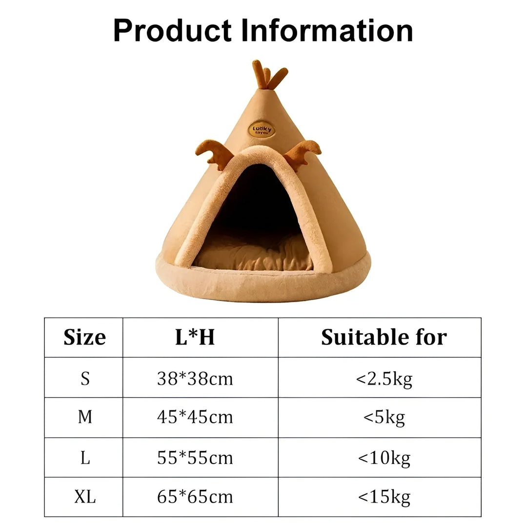 Hyggelig kæledyrshule i tipi-design med blød polstring og varmelagrende materiale, et komfortabelt tilflugtssted for hunde og katte.
