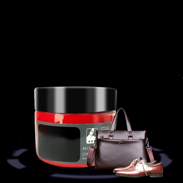 Billede af ReVive læder reparationsbalsam, der viser før- og efterresultater på læderoverflader for en friskere finish.