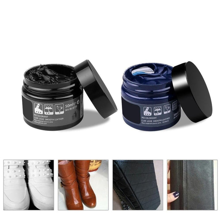 Billede af ReVive læder reparationsbalsam, der viser før- og efterresultater på læderoverflader for en friskere finish.