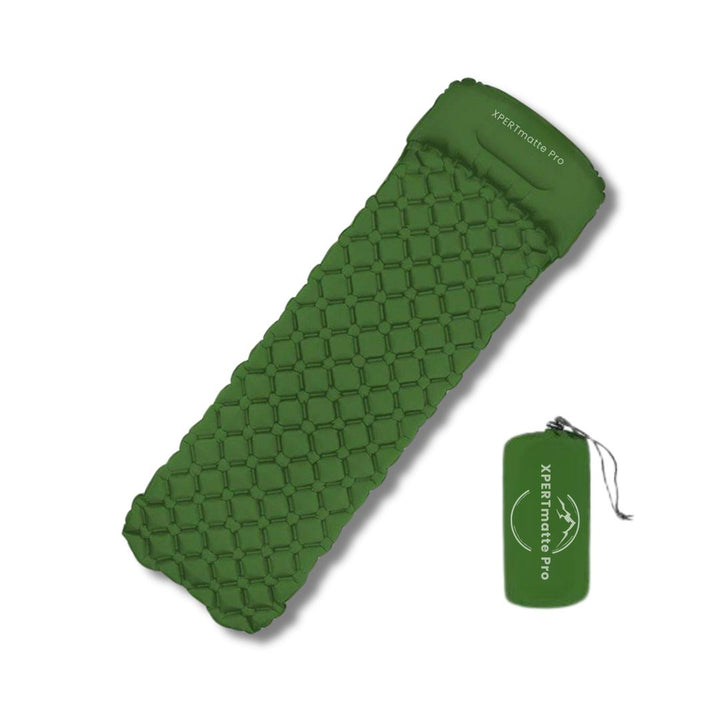 Let oppustelig liggeunderlag i grøn nylon TPU, kompakt foldet, ideelt til camping og vandreture, XPERTmatte Pro.