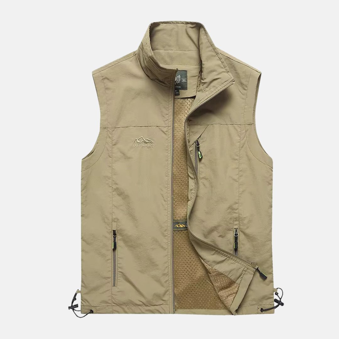 Let multifunktionel herrevest med flere lommer, ideel til camping og vandring i marineblå eller khaki.