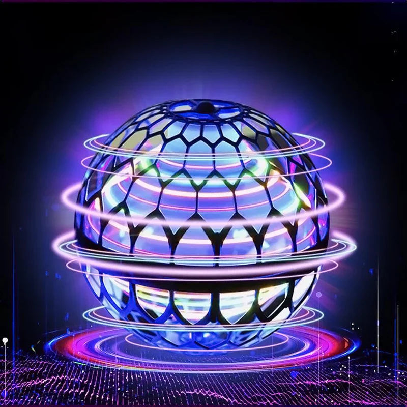 En lysende svævende bold i aktion, der belyser omgivelserne med sine LED-farver