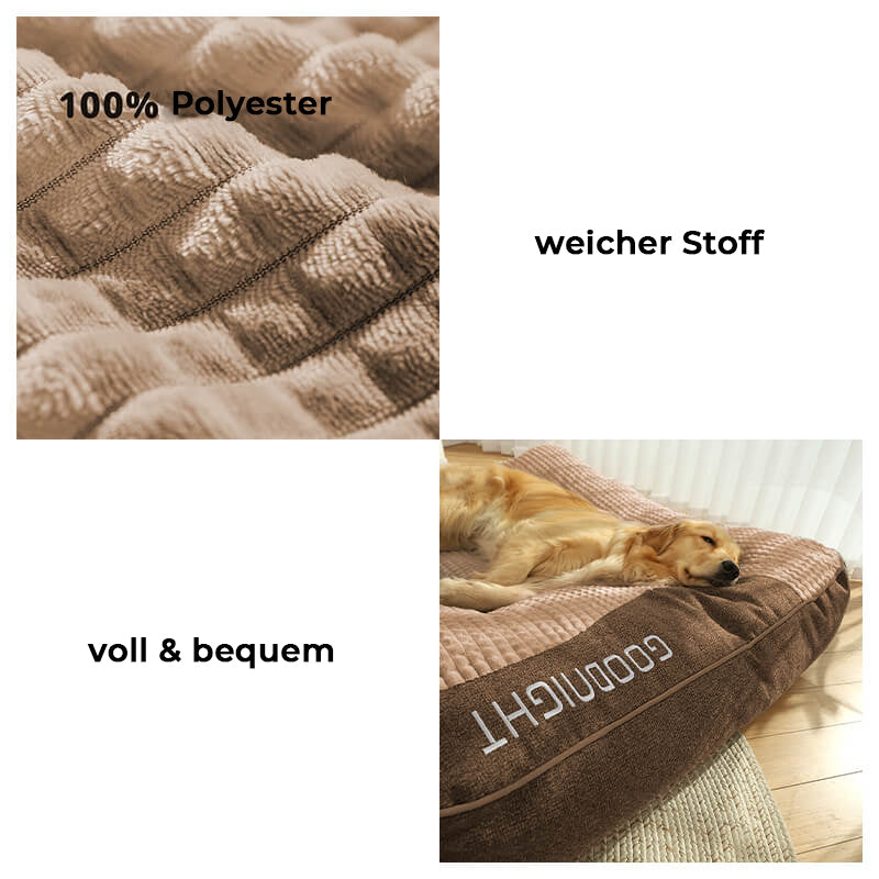 Luksuriøs, ridsefast hundeseng med ortopædisk hovedstøtte. Stor, behagelig pude for optimal hundekomfort.