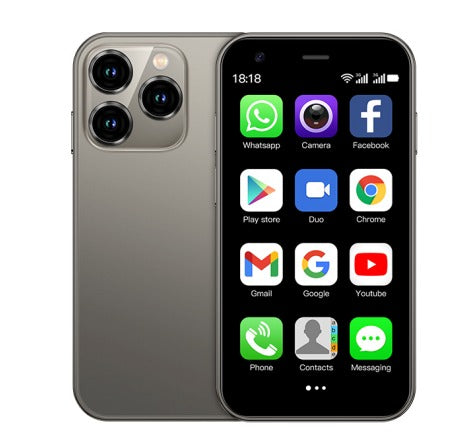 Mini Android-smartphone med 3-tommer touchskærm og Dual-SIM, kompakt design i sort, højteknologisk og mobil.