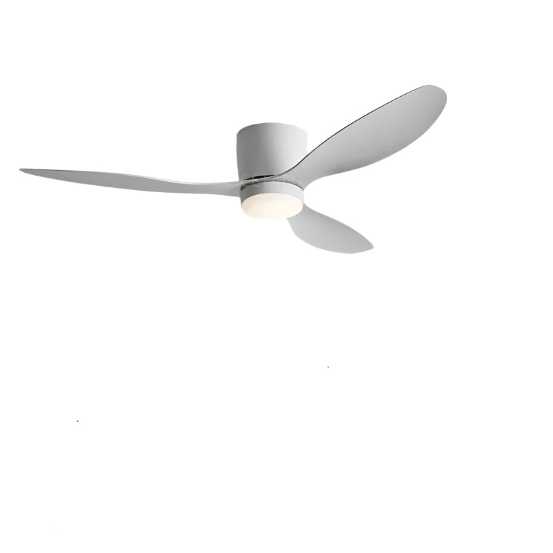 Minimalistisk LED loftventilator med fjernbetjening, stilrent design, energieffektiv belysning, hvid finish.