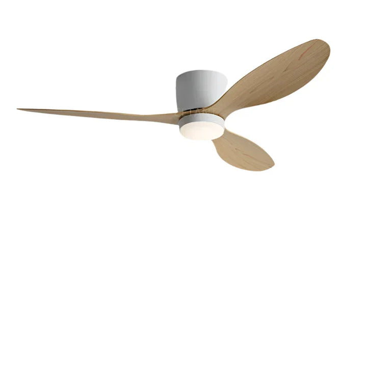 Minimalistisk LED loftventilator med fjernbetjening, stilrent design, energieffektiv belysning, hvid finish.