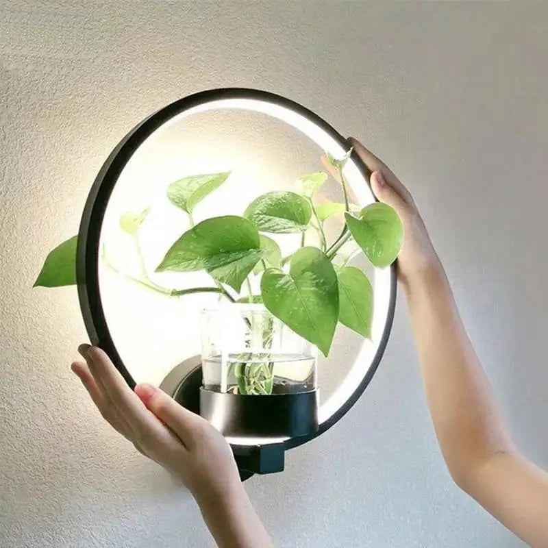 Moderne væglampe i glas og jern med integreret plantekasse, ideel til stuer og kontorer, stilfuldt design.
