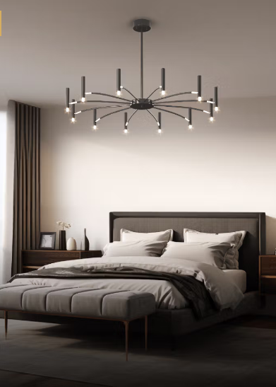 Modernt, elegant pendel lavet af ædle materialer, ideelt til stilfulde opholdsrum, viser 24 lys med blandede længder.