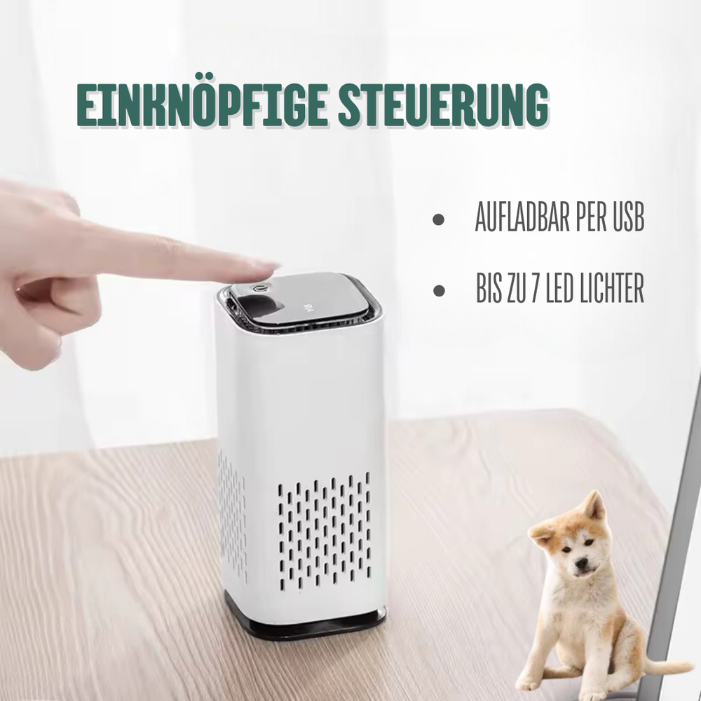 Moderne kæledyrs-luftfrisker, kompakt og stilfuld, med LED-farvevalg, ideel til ren luft i hjem med kæledyr.