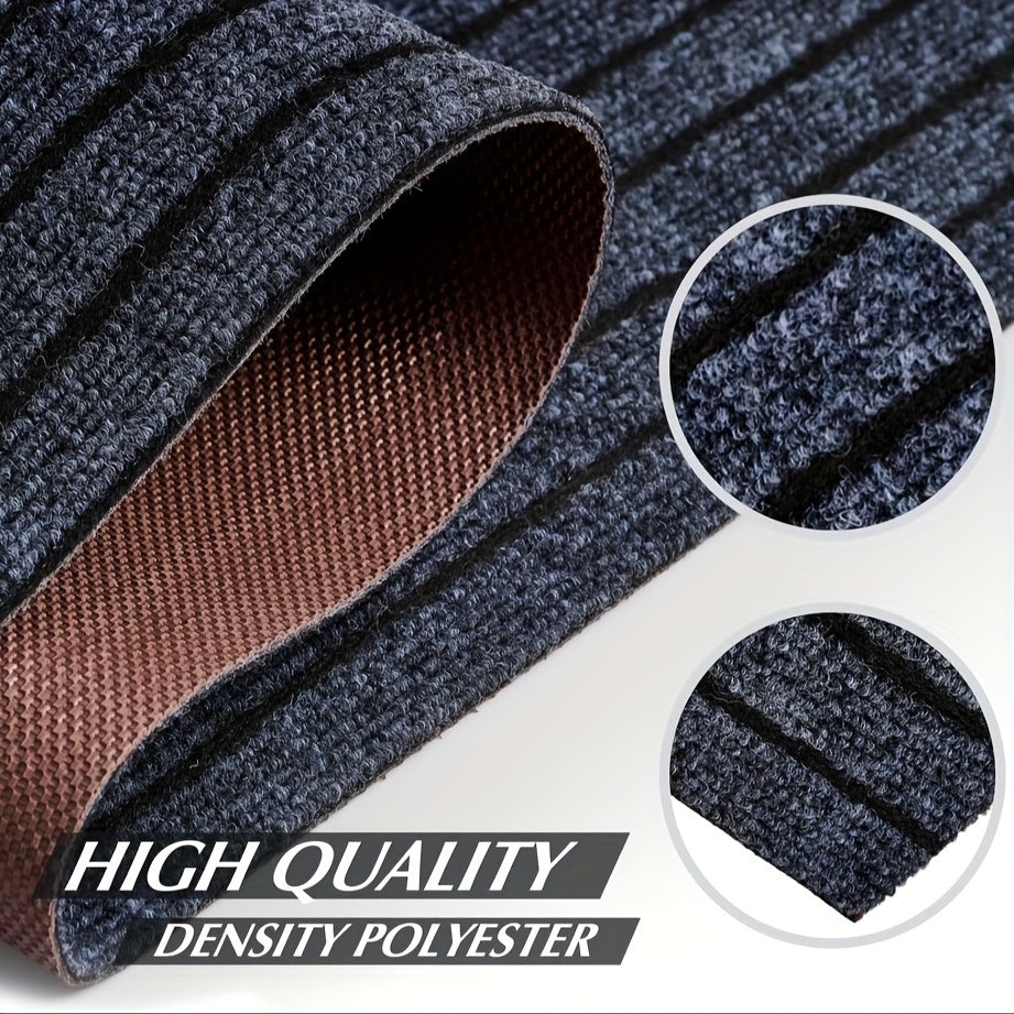 Moderne, skridsikker stribet løber til indendørs og udendørs brug, rektangulær med gummibagside, vaskbar og vejrbestandig.