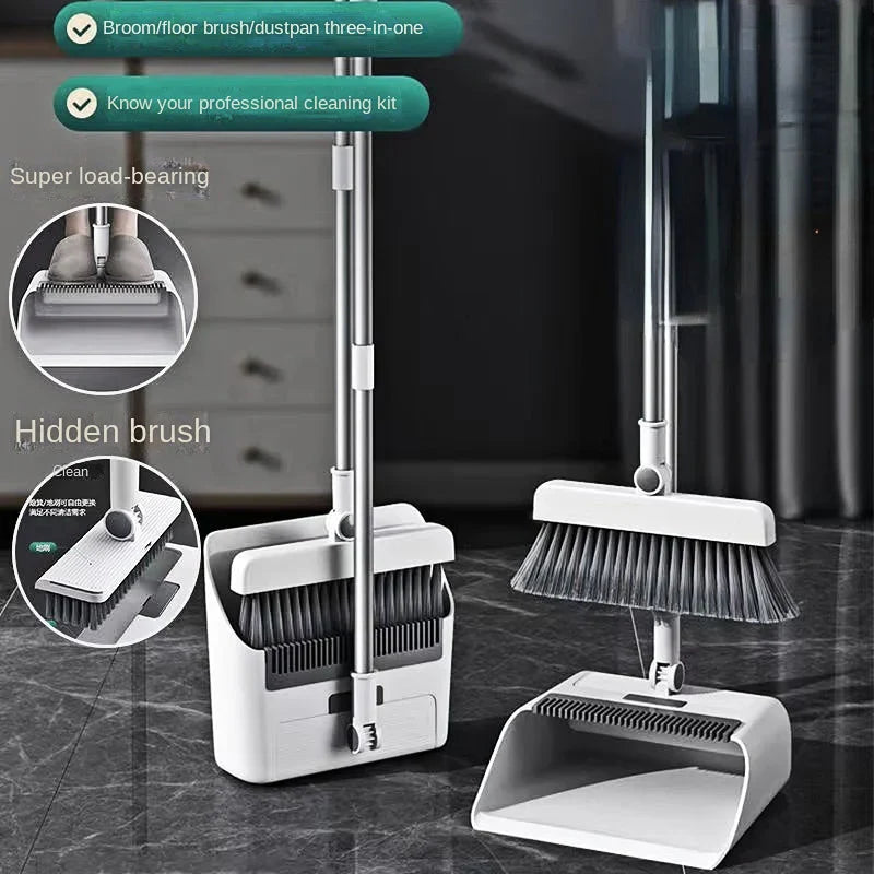 Multifunktionelt 3-i-1 kost- og fejebakke-sæt, ergonomisk, holdbart, med integreret kost, børste og fejebakke.