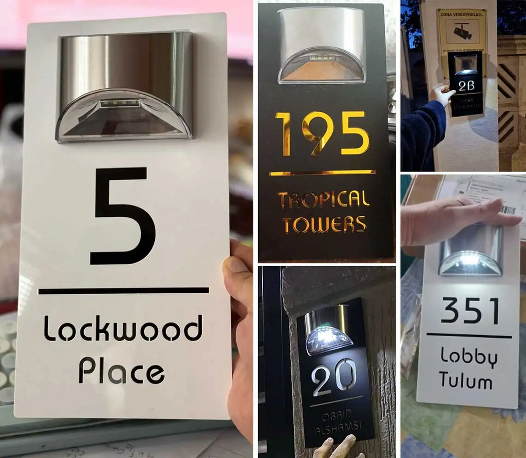 Personlig Solar LED Husnummer, vejrbestandig og energieffektiv, med klare LED'er for optimal nattesynlighed.