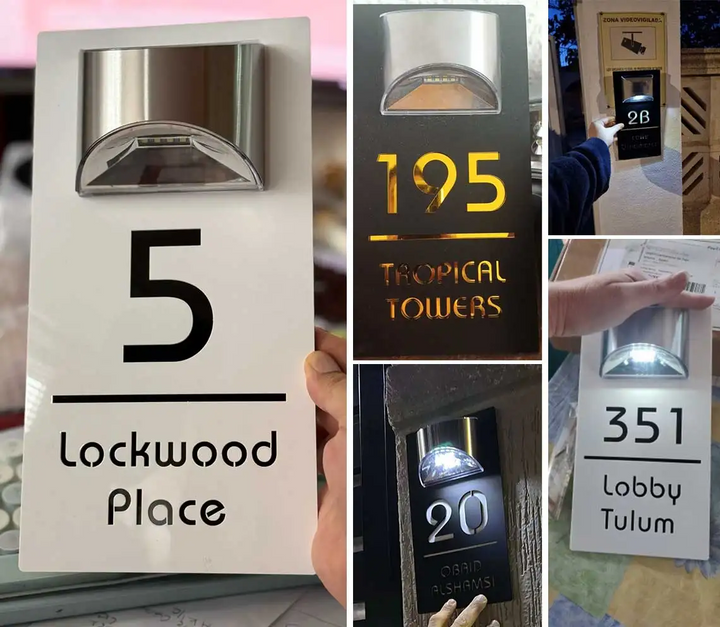 Personlig Solar LED Husnummer, vejrbestandig og energieffektiv, med klare LED'er for optimal nattesynlighed.