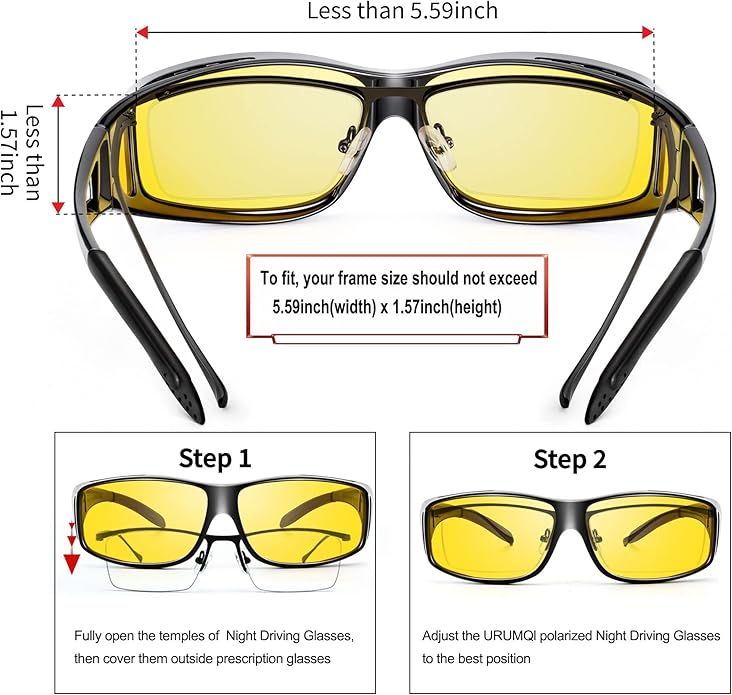 Polariseret natkørebrille, gule glas, sidebillede; reducerer blænding, ideelle til sikker natkørsel.