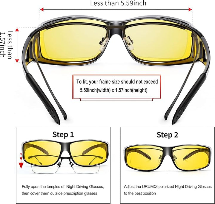 Polariseret natkørebrille, gule glas, sidebillede; reducerer blænding, ideelle til sikker natkørsel.