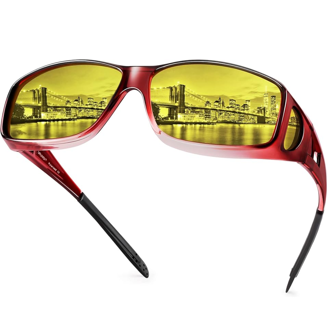 Polariseret natkørebrille, gule glas, sidebillede; reducerer blænding, ideelle til sikker natkørsel.