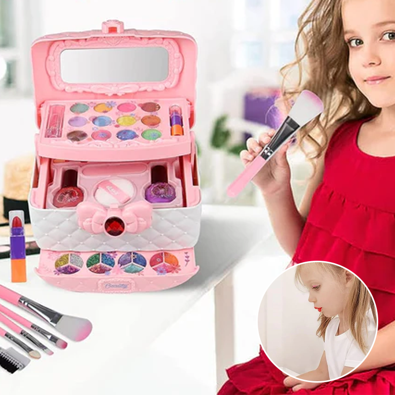 Prinsesse makeupsæt til børn, farverigt med læbestift, øjenskygge og pensel; fremmer kreativ leg.