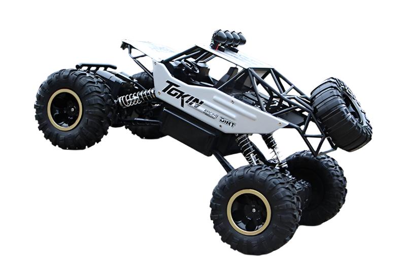 RC-Monstertruck 4x4 i aktion, robust design, stødsikker affjedring og firehjulstræk i ujævnt terræn.