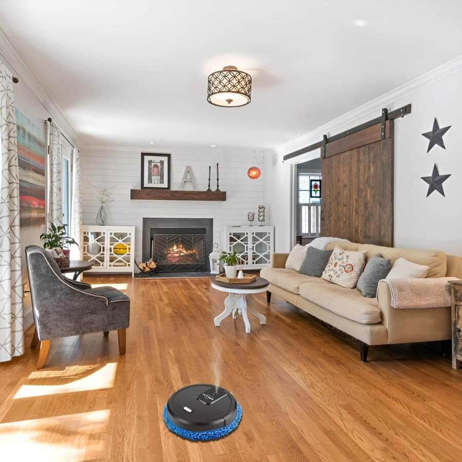 Robot gulvmoppe i sort, rengører til gulve, kompakt og effektiv, ideel til tæpper og hårde gulve derhjemme.