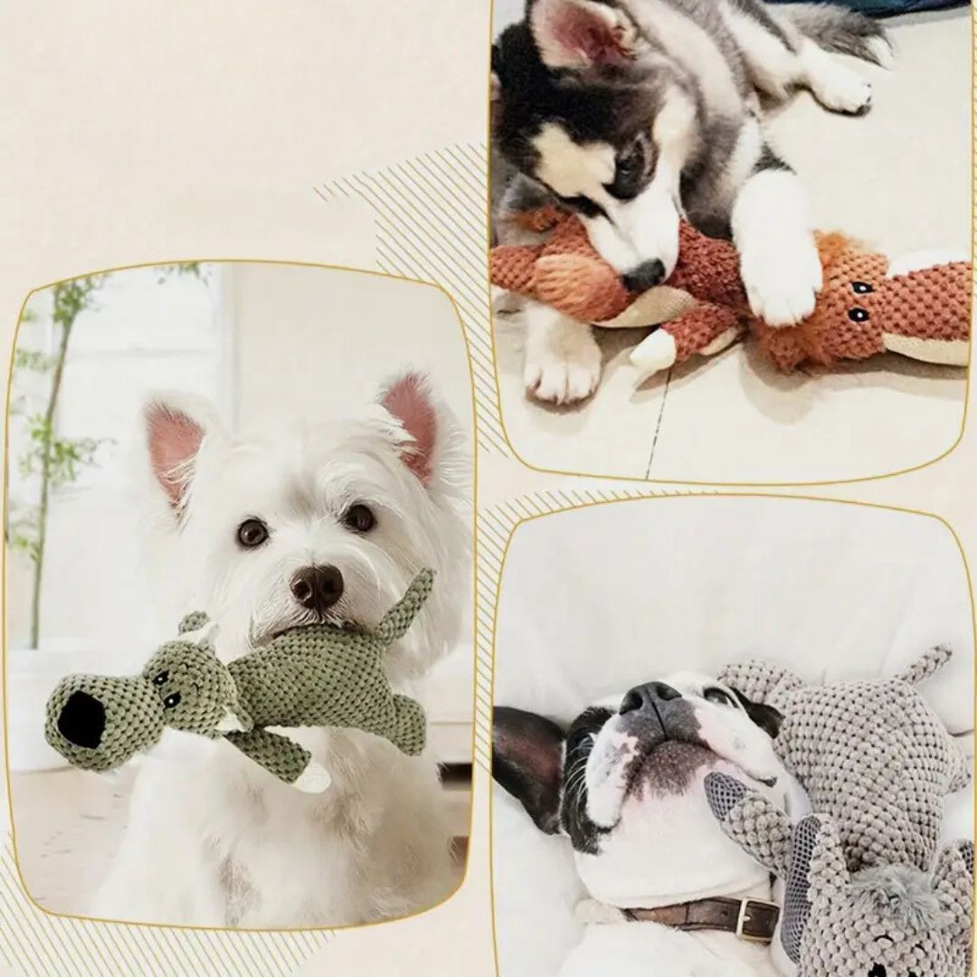 Robust hundelegetøj i dyreform, fremmer tandpleje, lavet af slidstærkt materiale til intens tygning og leg.