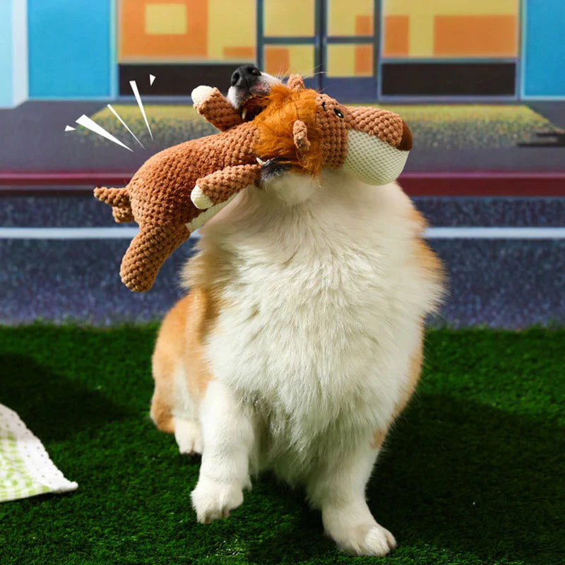 Robust hundelegetøj i dyreform, fremmer tandpleje, lavet af slidstærkt materiale til intens tygning og leg.