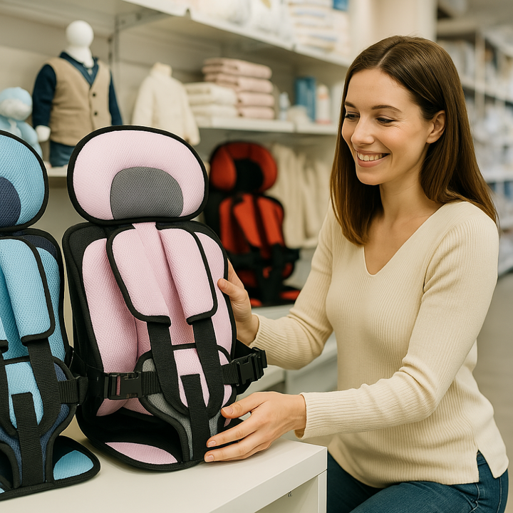 Autostol i rosa-grå, set forfra, med åndbart mesh og blød polstring for optimal komfort og sikkerhed.